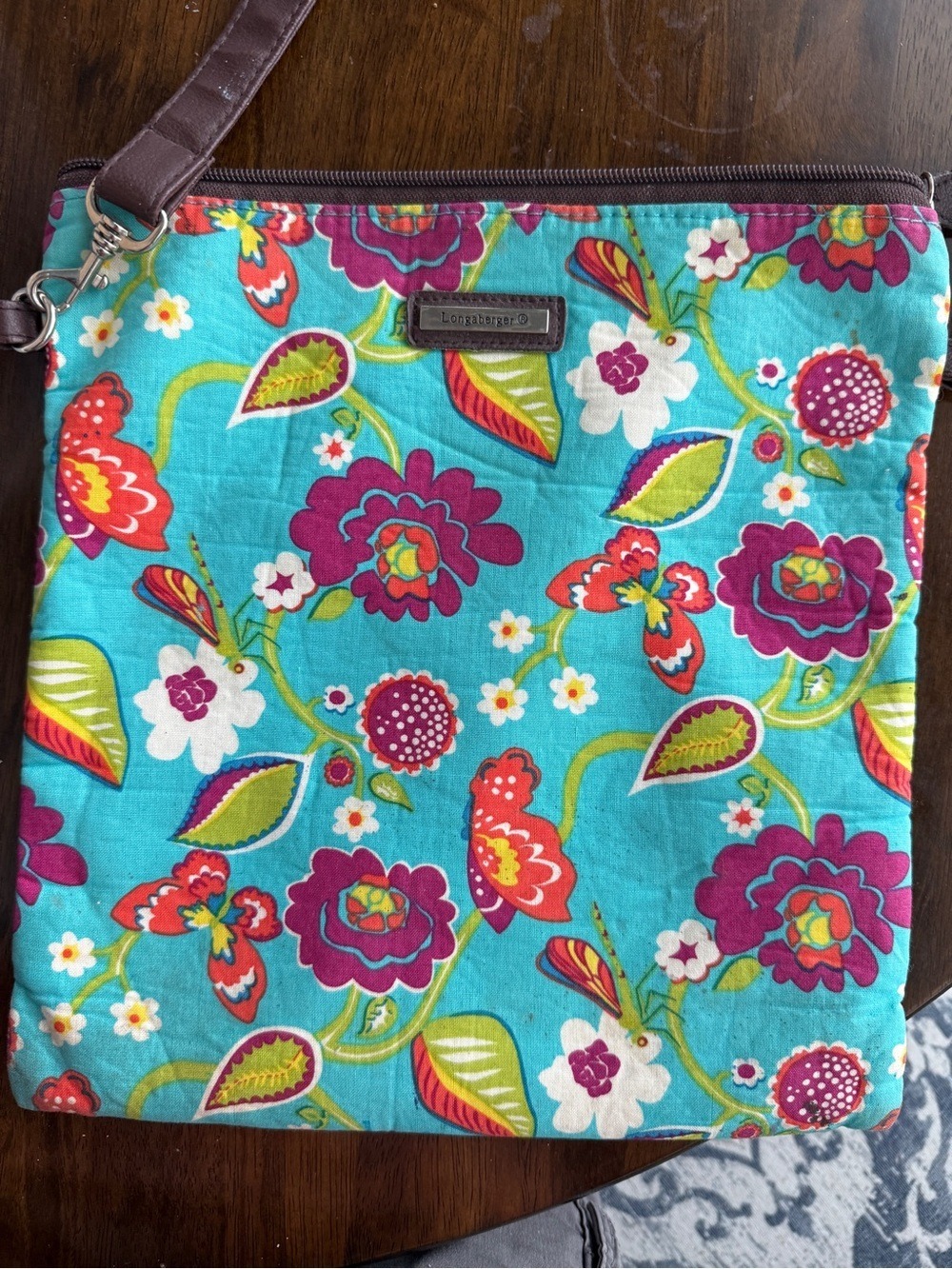Longaberger Floral Butterfly Crossbody Shoulder Bag Blue Canvas Adjustable Strap